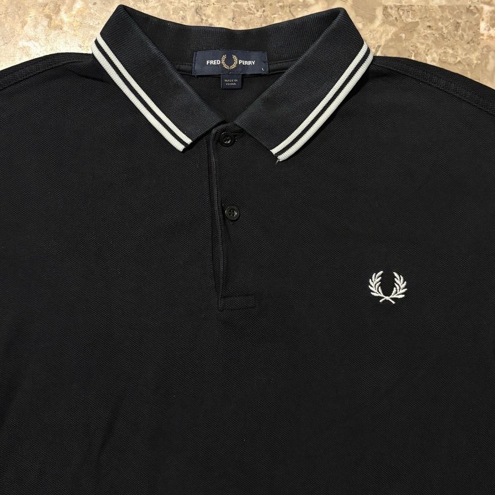Fred Perry Polo Shirt Mens Large Black Twin Tipped Ringer Pique Mesh Preppy